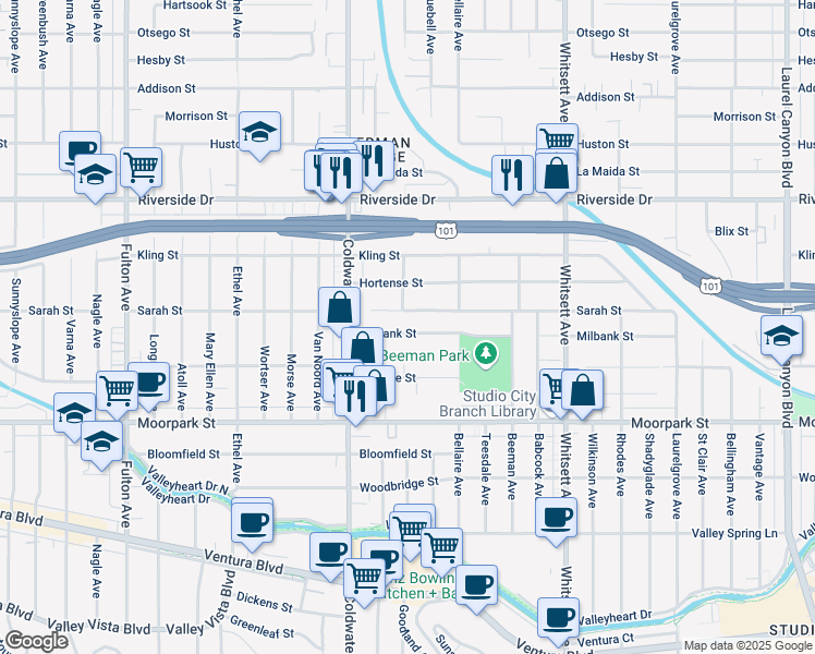 map of restaurants, bars, coffee shops, grocery stores, and more near 12801 Milbank Street in Los Angeles