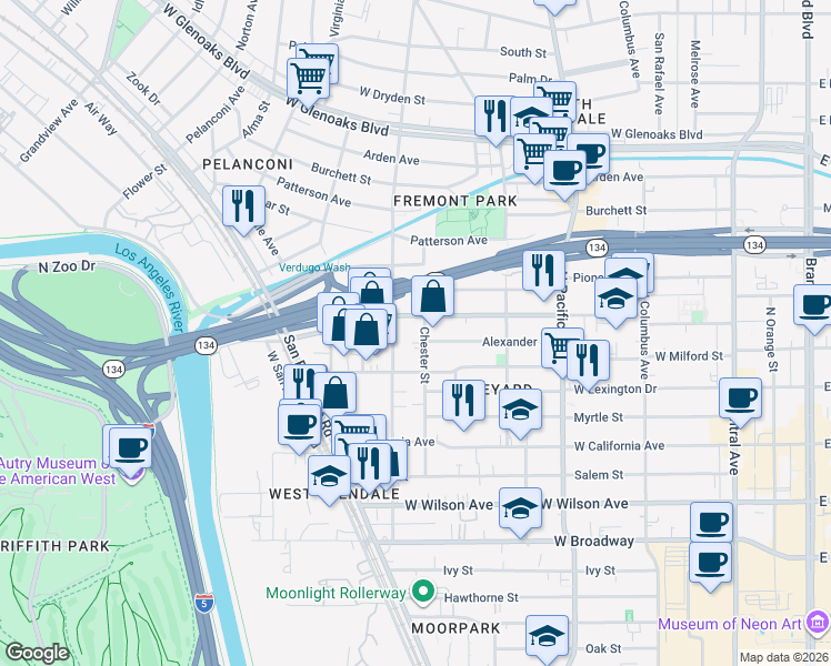 map of restaurants, bars, coffee shops, grocery stores, and more near 533 Chester Street in Glendale