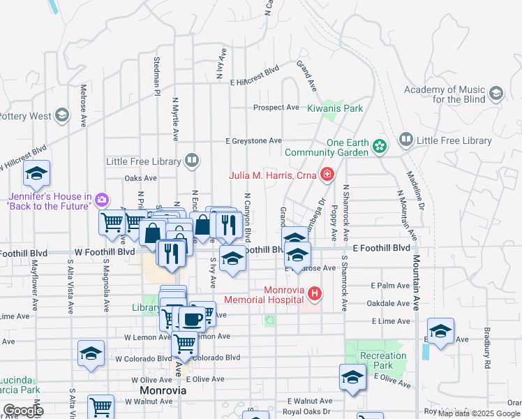map of restaurants, bars, coffee shops, grocery stores, and more near 159 Poinsettia Avenue in Monrovia