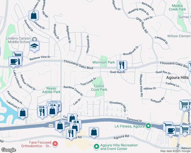 map of restaurants, bars, coffee shops, grocery stores, and more near 29921 Trail Creek Drive in Agoura Hills