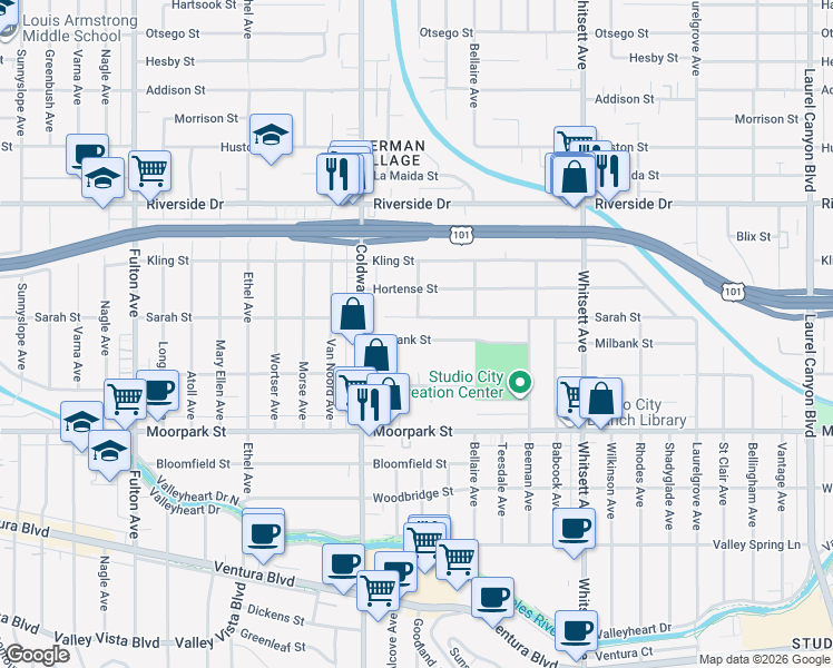 map of restaurants, bars, coffee shops, grocery stores, and more near 12801 Milbank Street in Los Angeles
