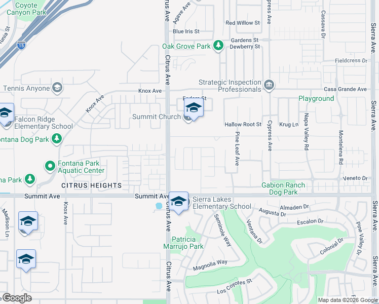 map of restaurants, bars, coffee shops, grocery stores, and more near 5528 Soriano Way in Fontana