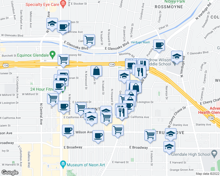 map of restaurants, bars, coffee shops, grocery stores, and more near 511 North Howard Street in Glendale