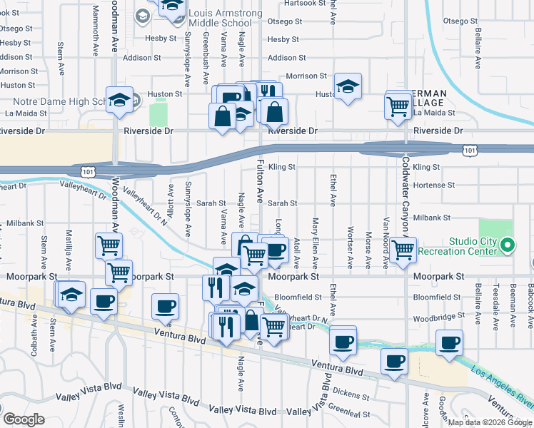 map of restaurants, bars, coffee shops, grocery stores, and more near 4550 Fulton Avenue in Sherman Oaks