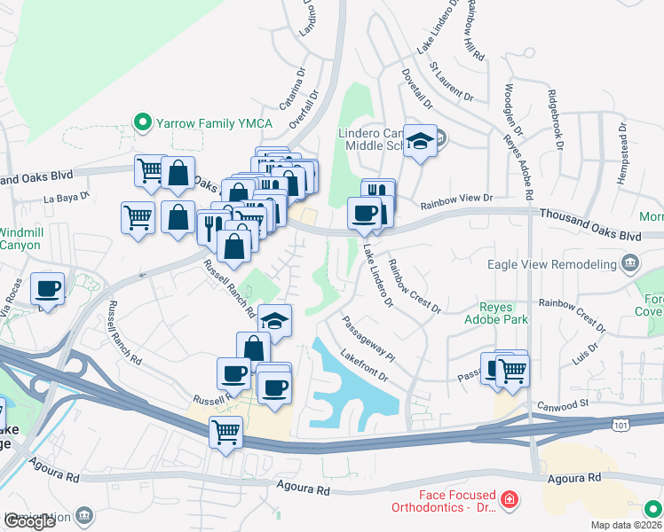 map of restaurants, bars, coffee shops, grocery stores, and more near 5645 Slicers Circle in Agoura Hills