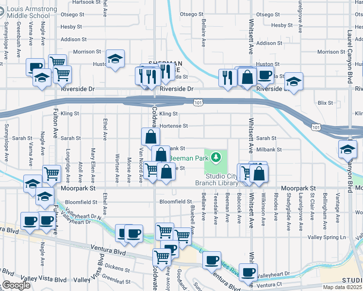map of restaurants, bars, coffee shops, grocery stores, and more near 12801 Milbank Street in Los Angeles
