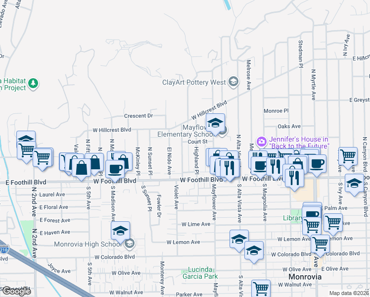 map of restaurants, bars, coffee shops, grocery stores, and more near 160 Mauna Loa Drive in Monrovia
