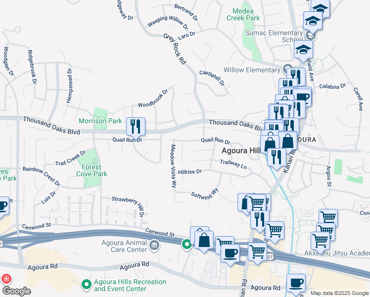 map of restaurants, bars, coffee shops, grocery stores, and more near 5666 Medeabrook Place in Agoura Hills