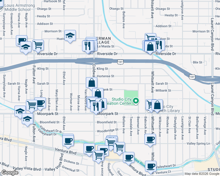map of restaurants, bars, coffee shops, grocery stores, and more near 12801 Milbank Street in Los Angeles
