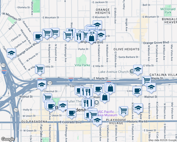 map of restaurants, bars, coffee shops, grocery stores, and more near 441 North Los Robles Avenue in Pasadena