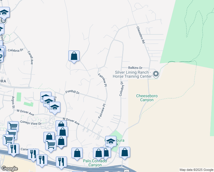map of restaurants, bars, coffee shops, grocery stores, and more near 5734 Fairview Place in Agoura Hills