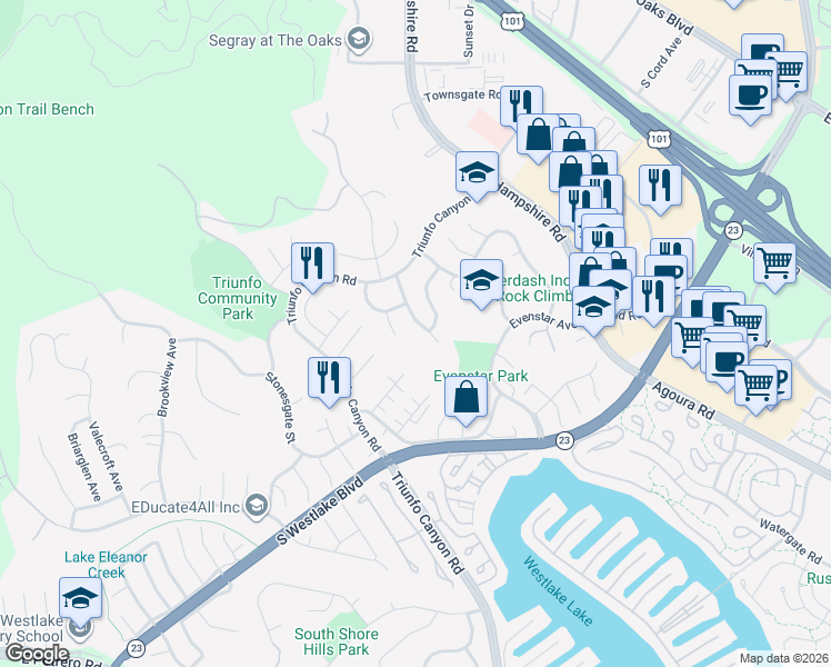 map of restaurants, bars, coffee shops, grocery stores, and more near 957 Ranch House Road in Westlake Village