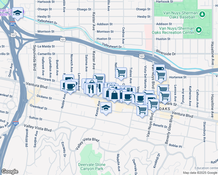 map of restaurants, bars, coffee shops, grocery stores, and more near 4542 Willis Avenue in Los Angeles