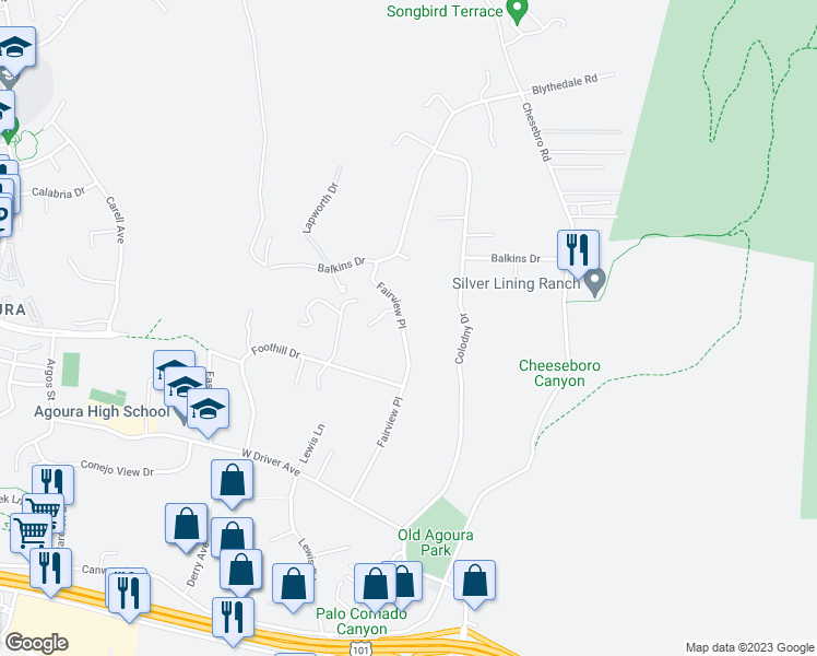 map of restaurants, bars, coffee shops, grocery stores, and more near 5734 Fairview Place in Agoura Hills