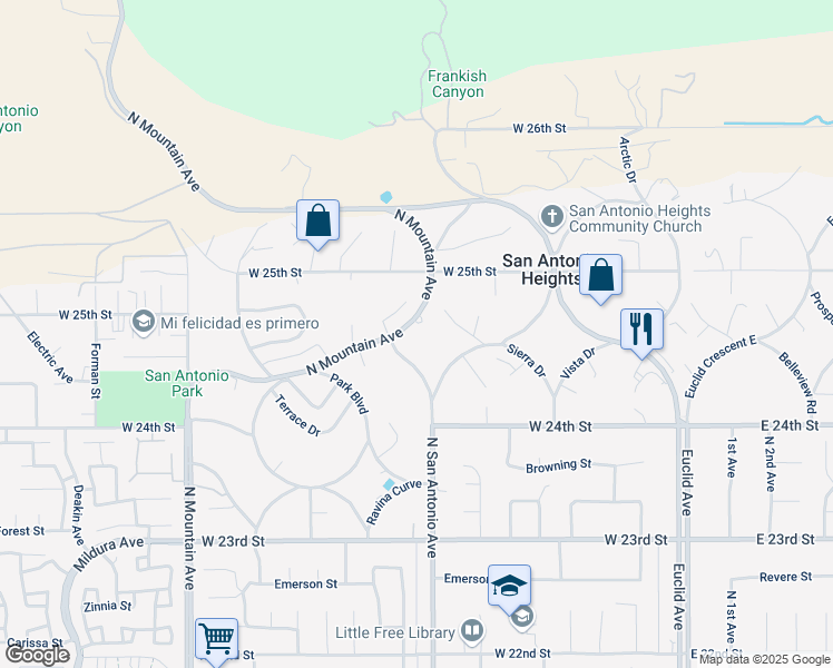 map of restaurants, bars, coffee shops, grocery stores, and more near 2478 North Mountain Avenue in Upland