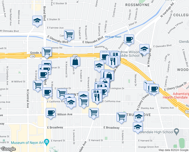 map of restaurants, bars, coffee shops, grocery stores, and more near 511 Geneva Street in Glendale