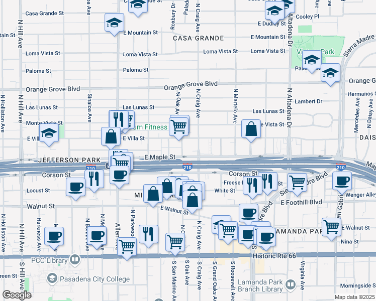 map of restaurants, bars, coffee shops, grocery stores, and more near 427 North Craig Avenue in Pasadena