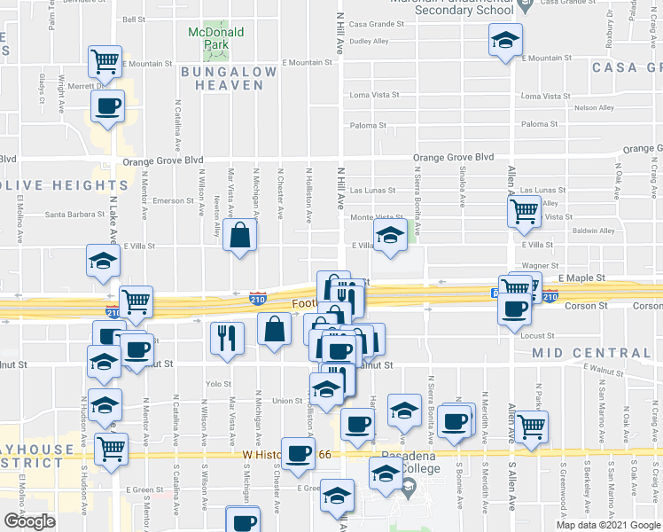 map of restaurants, bars, coffee shops, grocery stores, and more near 427 North Hill Avenue in Pasadena