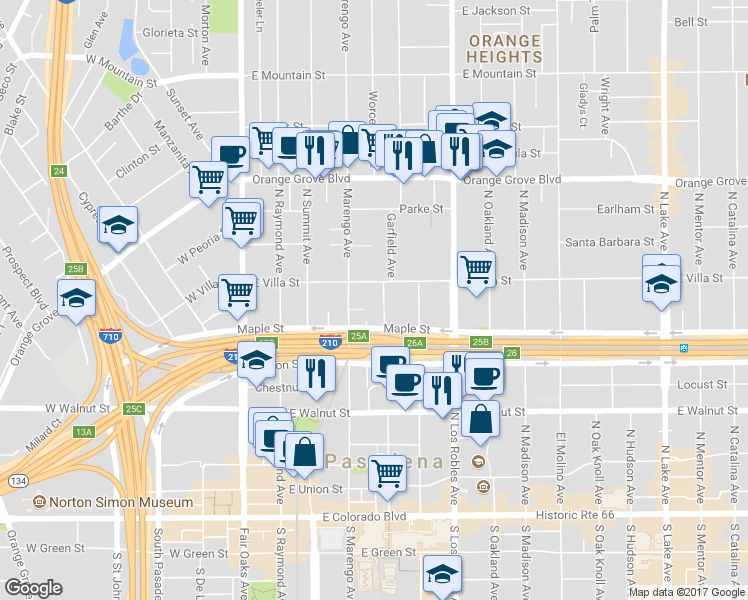 map of restaurants, bars, coffee shops, grocery stores, and more near 425 Garfield Avenue in Pasadena