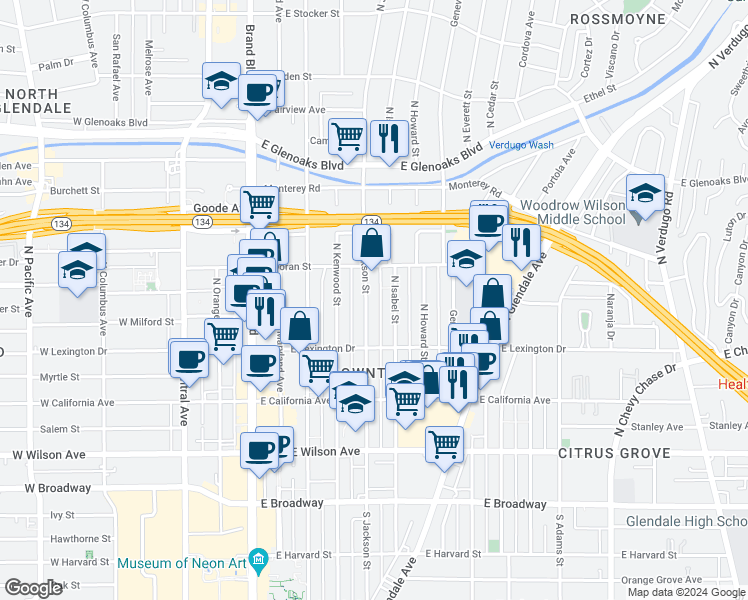 map of restaurants, bars, coffee shops, grocery stores, and more near 511 North Isabel Street in Glendale