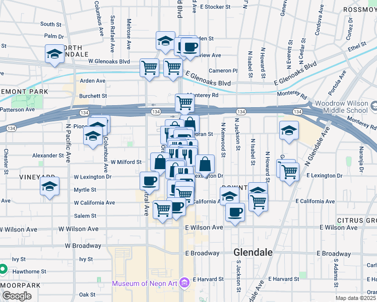 map of restaurants, bars, coffee shops, grocery stores, and more near 500 East Milford Street in Glendale