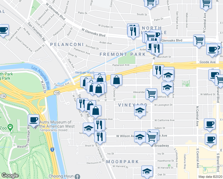 map of restaurants, bars, coffee shops, grocery stores, and more near 533 Chester Street in Glendale