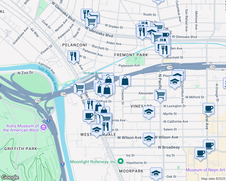map of restaurants, bars, coffee shops, grocery stores, and more near 528 State Street in Glendale