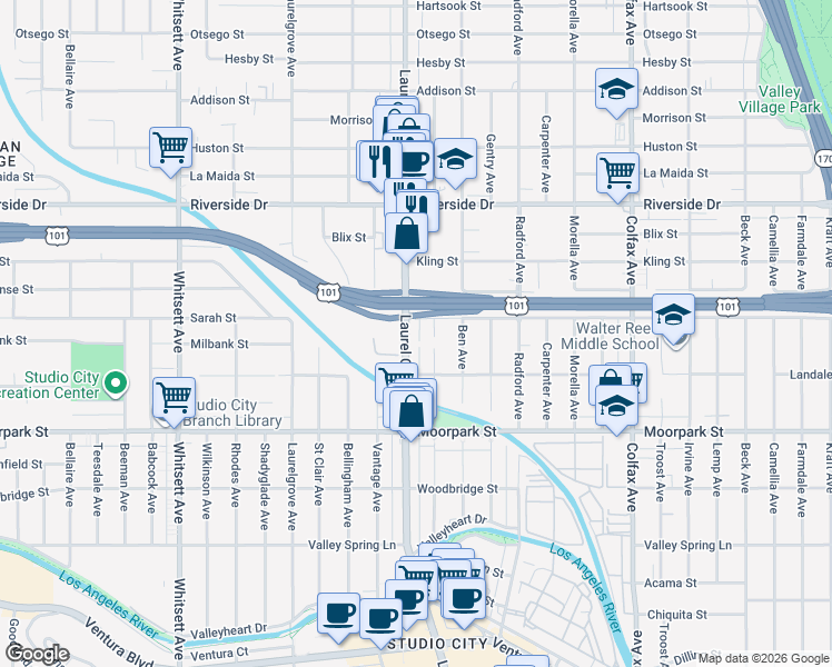 map of restaurants, bars, coffee shops, grocery stores, and more near 4540 Laurel Canyon Boulevard in Los Angeles