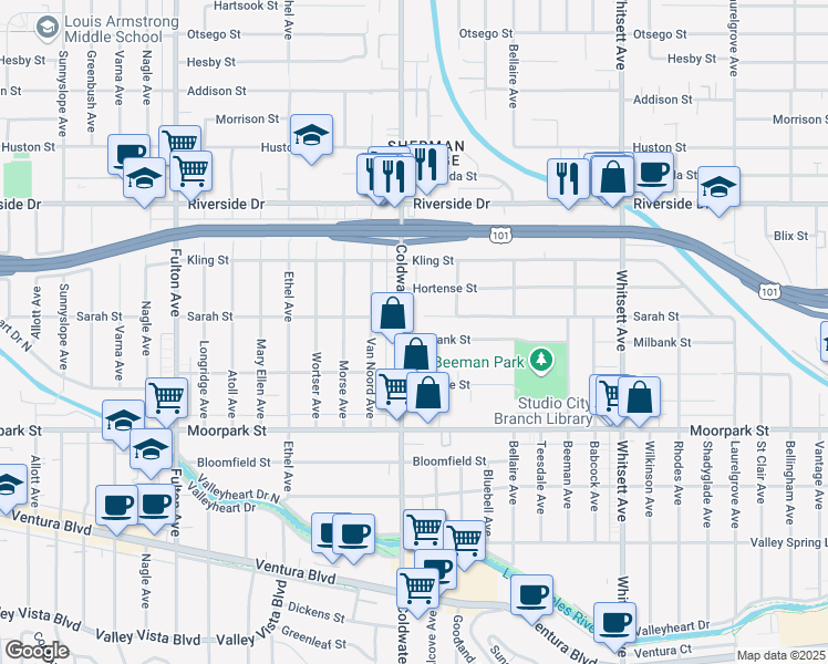 map of restaurants, bars, coffee shops, grocery stores, and more near 12849 Milbank Street in Los Angeles
