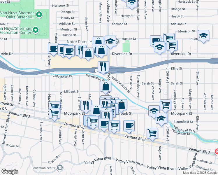 map of restaurants, bars, coffee shops, grocery stores, and more near 4522 Woodman Avenue in Los Angeles