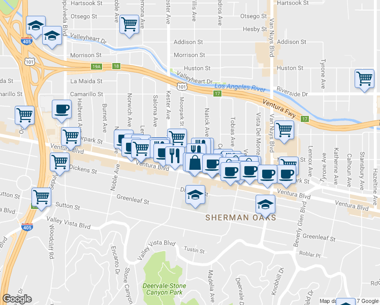map of restaurants, bars, coffee shops, grocery stores, and more near 4542 Willis Avenue in Los Angeles