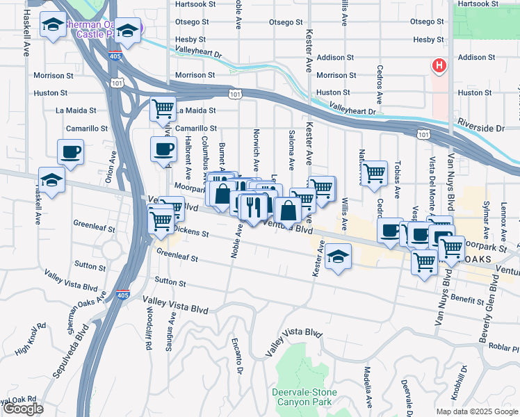 map of restaurants, bars, coffee shops, grocery stores, and more near 15040 Moorpark Street in Los Angeles
