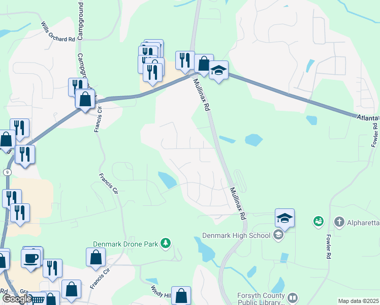 map of restaurants, bars, coffee shops, grocery stores, and more near 425 Blackwell Bend in Alpharetta