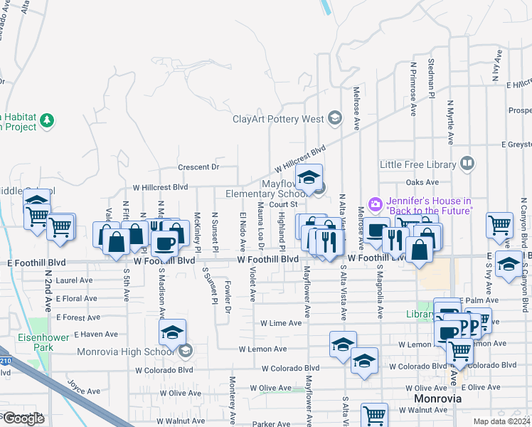 map of restaurants, bars, coffee shops, grocery stores, and more near 160 Mauna Loa Drive in Monrovia
