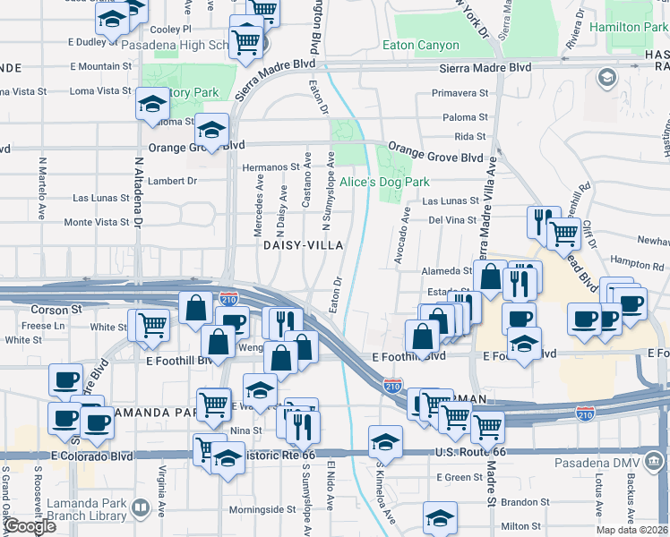 map of restaurants, bars, coffee shops, grocery stores, and more near 407 Eaton Drive in Pasadena