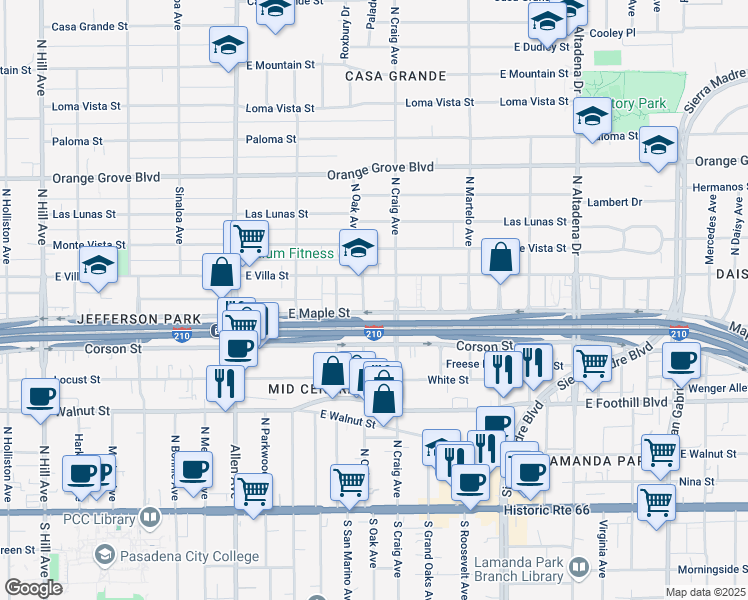 map of restaurants, bars, coffee shops, grocery stores, and more near 427 North Craig Avenue in Pasadena
