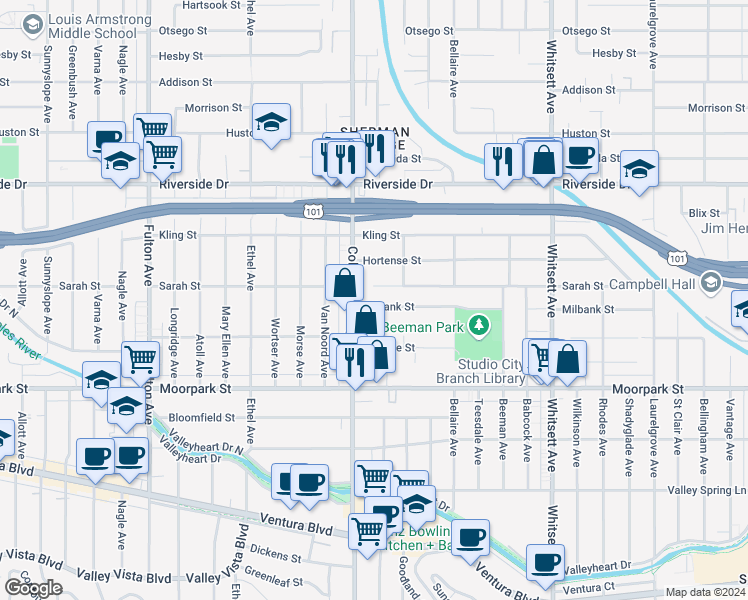 map of restaurants, bars, coffee shops, grocery stores, and more near 12849 Milbank St in Los Angeles