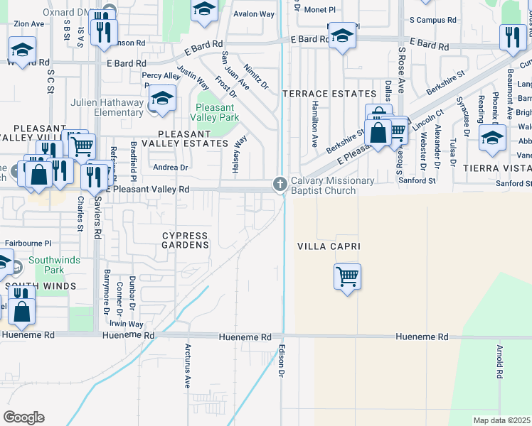 map of restaurants, bars, coffee shops, grocery stores, and more near 5182 Longfellow Way in Oxnard