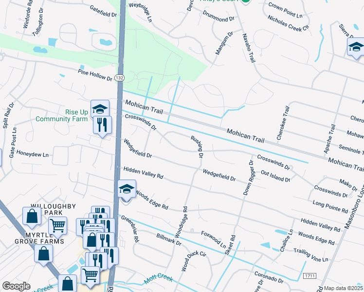 map of restaurants, bars, coffee shops, grocery stores, and more near 4717 Crosswinds Drive in Wilmington