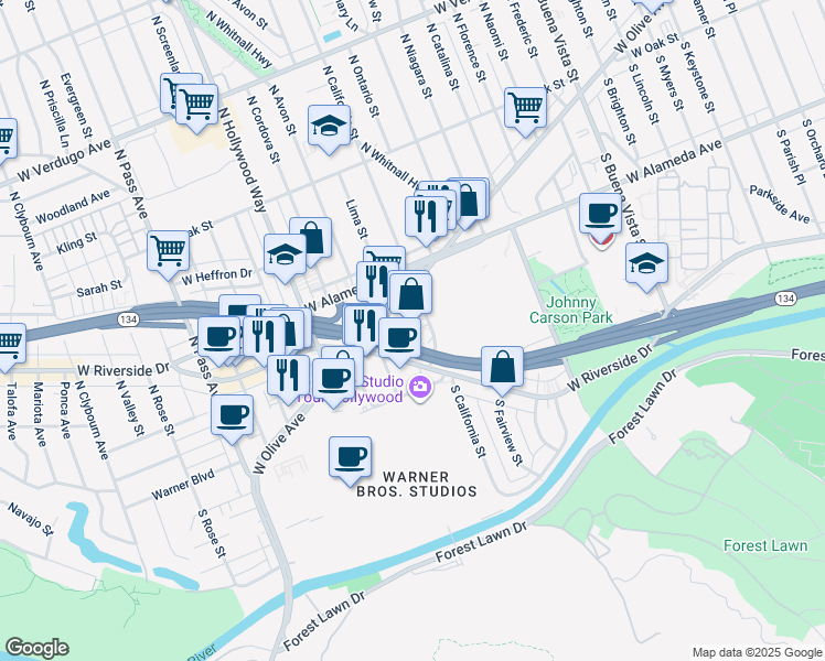 map of restaurants, bars, coffee shops, grocery stores, and more near 3400 West Olive Avenue in Burbank