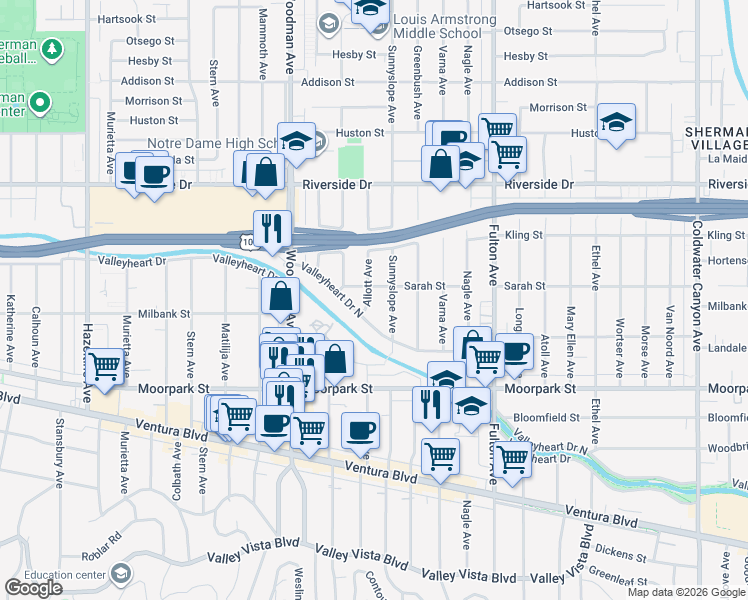 map of restaurants, bars, coffee shops, grocery stores, and more near 4546 Allott Avenue in Los Angeles