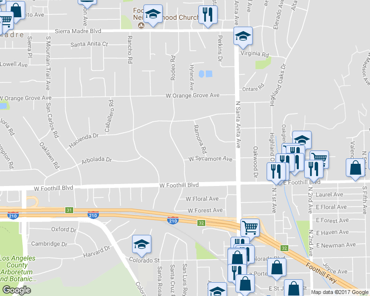 map of restaurants, bars, coffee shops, grocery stores, and more near 1220 Rodeo Road in Arcadia