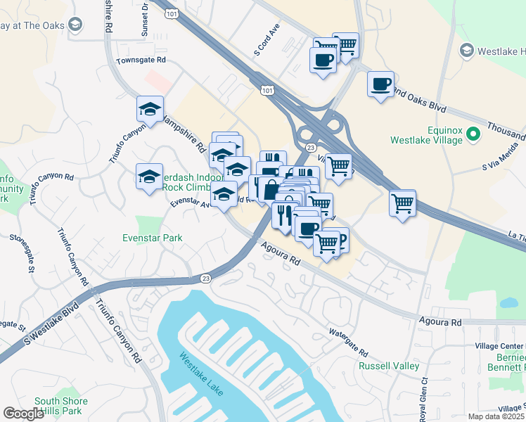 map of restaurants, bars, coffee shops, grocery stores, and more near 951 South Westlake Boulevard in Westlake Village