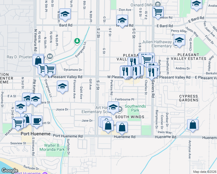 map of restaurants, bars, coffee shops, grocery stores, and more near 5147 Perkins Road in Oxnard