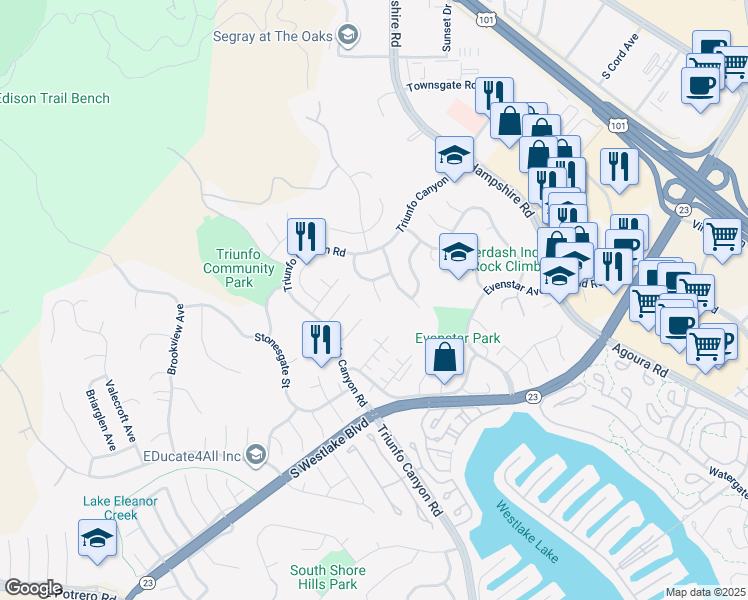 map of restaurants, bars, coffee shops, grocery stores, and more near 933 Brightstone Court in Westlake Village
