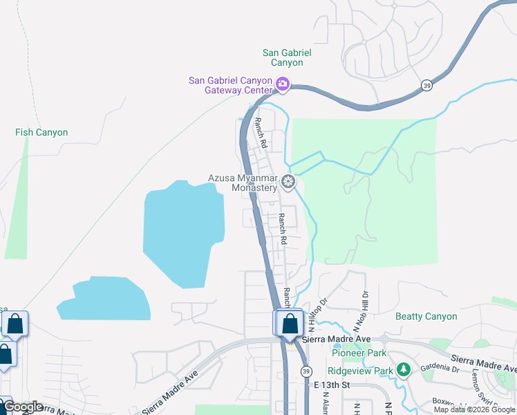 map of restaurants, bars, coffee shops, grocery stores, and more near 45 Crystal Canyon Drive in Azusa