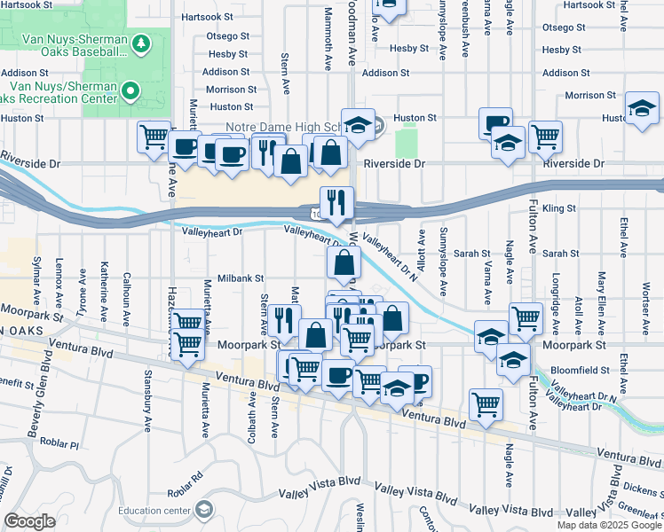 map of restaurants, bars, coffee shops, grocery stores, and more near 4516 Mammoth Avenue in Los Angeles