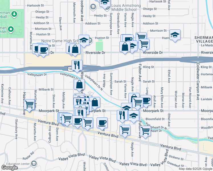 map of restaurants, bars, coffee shops, grocery stores, and more near 4546 Allott Avenue in Los Angeles