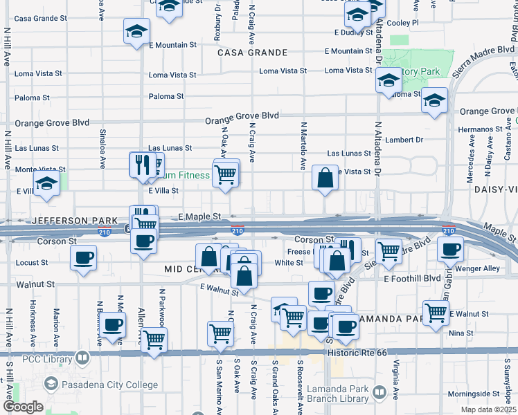 map of restaurants, bars, coffee shops, grocery stores, and more near 424 North Craig Avenue in Pasadena