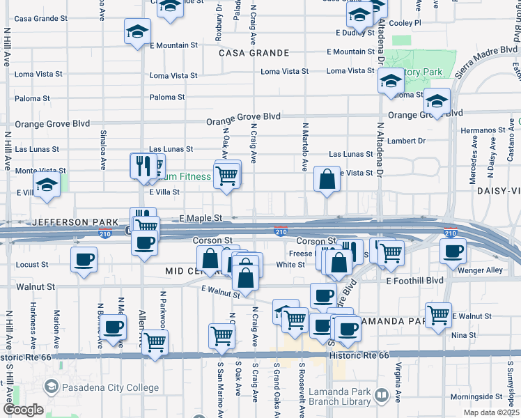 map of restaurants, bars, coffee shops, grocery stores, and more near 424 North Craig Avenue in Pasadena